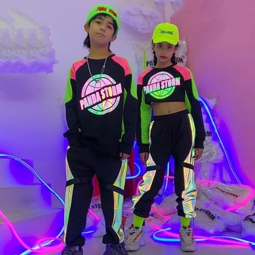 Fluorescent Reflective Hip-Hop Clothes Kids Boys Long Sleeve Tops Black Pants Girls Jazz Dancing Show Suit Stage Costume BL5020
