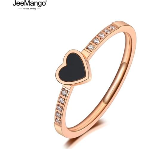 JeeMango Titanium Stainless Steel Black Acrylic Love Heart Wedding Rings CZ Crystal Heart Engagement Ring For Women Girl JR20027