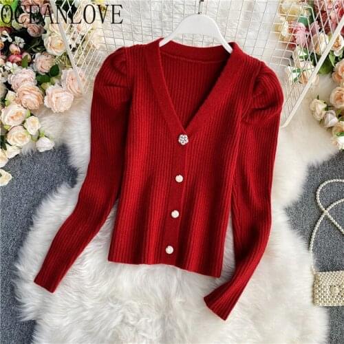 OCEANLOVE Cardigans Solid Short Single Breasted Puff Sleeve Korean Chic Sweaters Women Tops Slim Vintage Autumn Winter Sueter