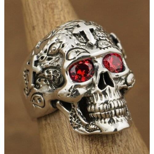 LINSION 925 Sterling Silver High Detail Skull Cross CZ Eyes Mens Biker Ring TA5X US Size 7~15