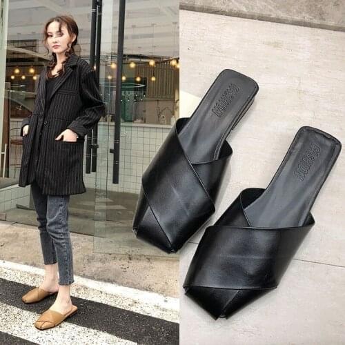 Summer New Style Baotou Half Slippers Women Wear Lazy Beach Shoes Outside The Korean Cross Flat-heeled Square Slippers