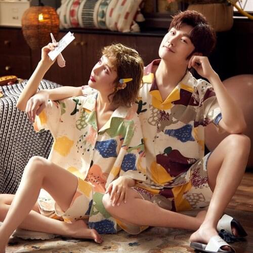 Summer Couple Pajamas Fashion Color Art Graffiti Men Women Sleepwear Full Cotton Short Sleeve Homewear Sexy V-neck Girls Pajamas