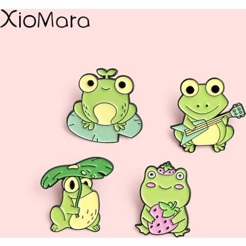 Cute Frog Enamel Pins Playing Guitar Strawberry Lotus leaf Brooches Lapel Badges Cartoon Jewelry Gifts for Friend Wholesale Pin