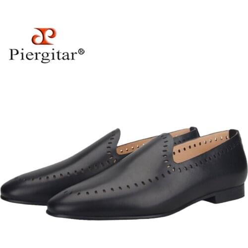 Piergitar 2021 New Black Calf Leather Handmade Hole Design Mens Loafers British Classics Slip-on Men Smoking Slippers Plus Size