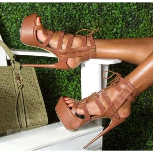 Sexy Brown Leather Peep Toe High Platform Women Sandals Cut-out Cross Strap Tie-up High Stiletto Ankle Boots Plus Size 10