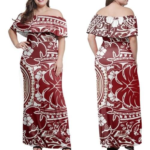 Jackherelook Womens Off Shoulder Dresses Vintage Red Polynesian Tribal Floral Bodycon Elegant Maxi Dress Ruffles Party Robe
