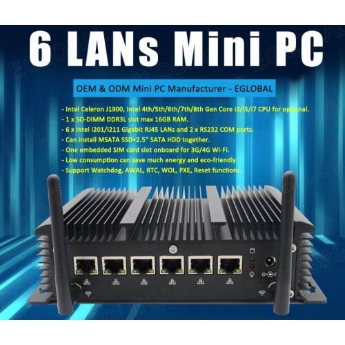 Eglobal Fanless 6LAN ports industrial mini pc stable performance firewall Pfense router 2*RS232 HDMI 4G/3G WiFi with SIM slot