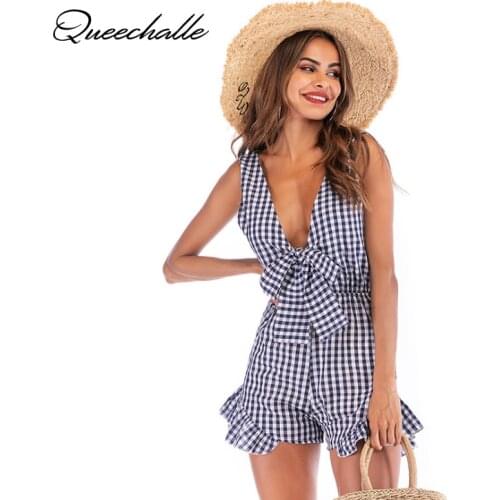 Queechalle Black Blue Plaid Playsuit Womens Summer Sexy Deep V neck Sleeveless Bow Ties Casual Rompers Jumpsuit Overalls
