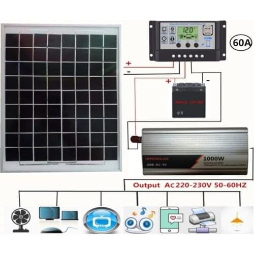 18V 20W Solar Panel Power System + 12V / 24V Controller + 1000W Inverter AC230V 2020 New