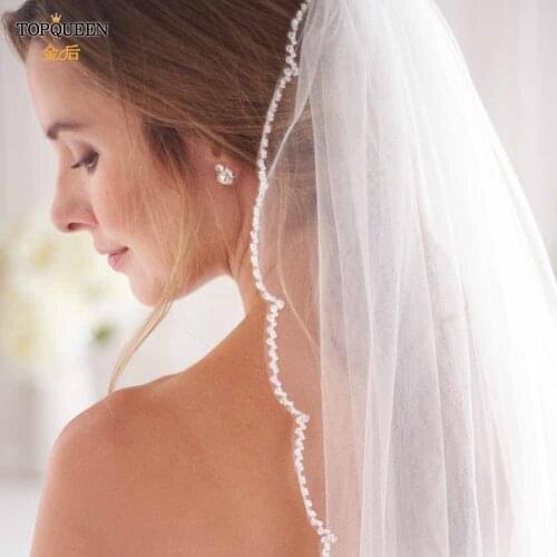 TOPQUEEN V35 Beautiful Short Garden Wedding Veil White Ivory Beaded Edge Marriage Tulle with Comb for Bride Wedding Accessories