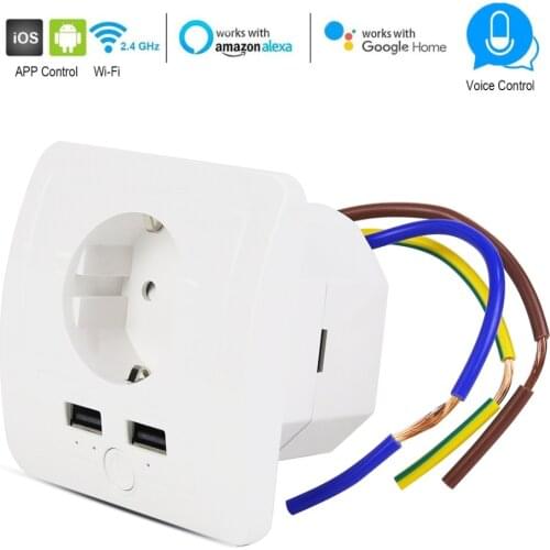 Wifi Smart Wall EU Socket 2 USB Ports 15A Timer Switch Control Outlet Voice Control Works with Alexa Google App Smart Life