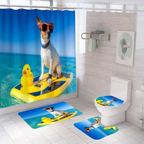 Funny Rowing Dog Shower Curtain Set Cute Aniaml Dogs Waterproof Bath Toilet Lid Seat Cover Bath Non-Slip Mat Rug Bathroom Decor