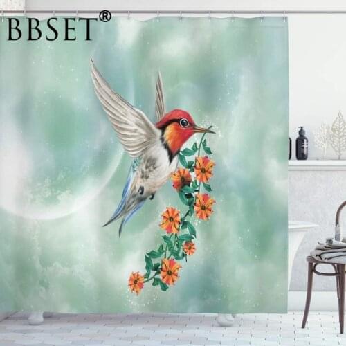 Hummingbird Shower Curtain Bird Is Flying with Flower Pattern Waterproof Multi-size Douchegordijn Bathroom Decor with 12 Hooks