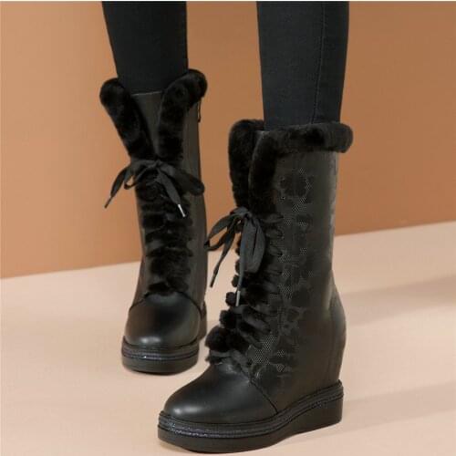Lace Up Winter Creepers Women Genuine Leather Wedges High Heel Ankle Boots Female Warm Rabbit Fur Round Toe Fashion Sneakers