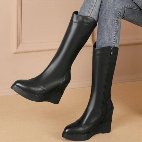 Long Fashion Sneakers Women Genuine Leather Wedge High Heel Mid Calf Boots Female Pointed Toe Platform Pumps Shoes Casual Shoes