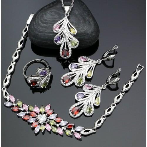 925 Silver Bridal Jewelry Sets For Women Multicolor Cubic Zirconia White Crystal Earrings Pendant Necklace Ring Bracelet