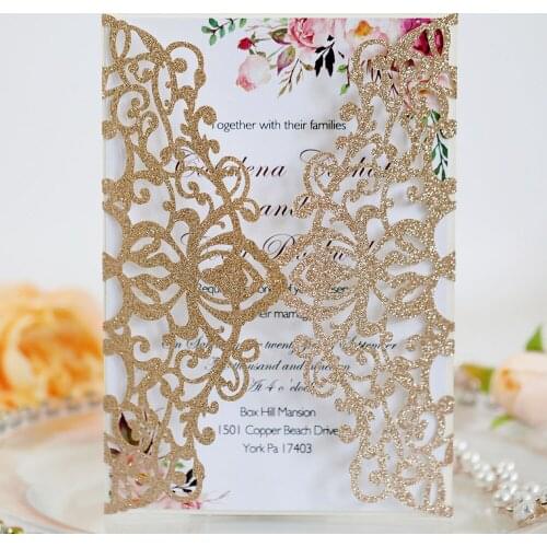 10pcs/Set Glitter Paper Laser Wedding Invitation Card Personalized Greeting Cards With Ribbon Birthday Party Wedding Deco JU0158