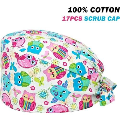 100% Cotton Scrub Hat Owl Printing Tie Back Adjustable Nursing Cap Accessories Beauty Salon Pet Shop Home Workers Scrubs Caps