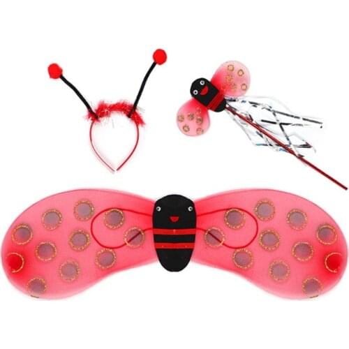 4Pcs/Set Kid Fairy Costume Set Ladybird Bee Glitter Cute Wing Striped Layered Tutu Skirt Wand Headband Dress Up Halloween Outfit