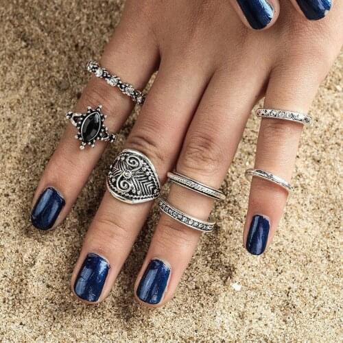 7PCS/SET Antique Gold/Silver Color Rings For Women Black Crystal Rhinestone Anillos Mujer Bague Femme Gothic Ring