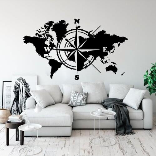 Large World Map Atlas Of The World Compass Wall Sticker Office Classroom Global Earth World Map Decal Bedroom Vinyl Decor
