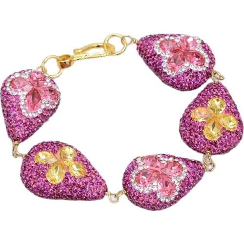 GG Jewelry Natural Teardrop Fuchsia Red CZ Crystal Nugget Flower Paved CZ Bracelet Handmade For Women