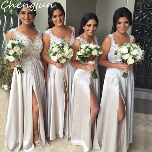 Chengjun Sexy High Slit V-Neck A-Line Silver Long Bridesmaids Dresses For Women