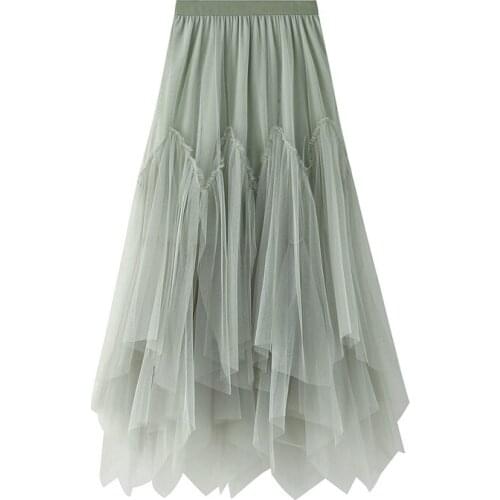 Women Long Tulle Midi Skirts Womens Elastic High Waist Mesh Tutu Pleated Skirts Female Black Long Skirt Streetwear Tulle Dress