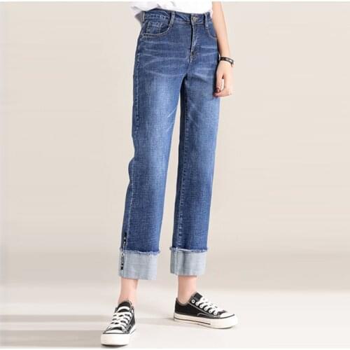 Elastic Spring Summer Straight Jeans Plus Size Jeans High Waist Stretch Boyfriend Jeans Korean Retro Denim Ankle-Length Pants 32
