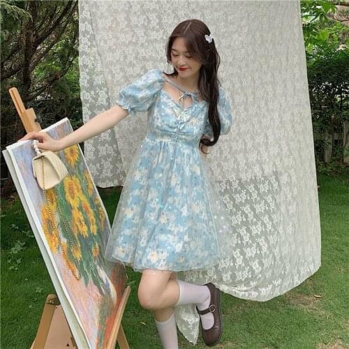 French First Love Sweet Super Fairy Princess Dress Puff Sleeve Floral Dress Spring Fairy Summer 2021 New gothic lolita dress