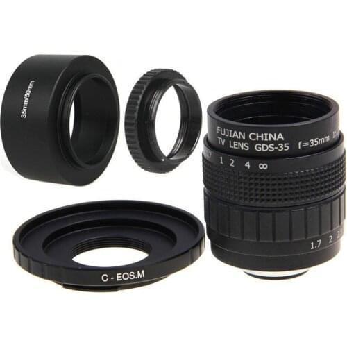 Fujian 35mm F1.7 CCTV Movie lens + C-EOS M Mount + Lens Hood + Macro Ring for Canon EOS M M2 M3 M5 M6 M10