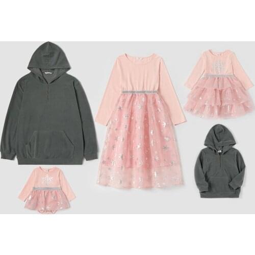 PatPat Mosaic Family Matching Outgoing Sets(Mesh Dress and Hooded Sweatshirts)