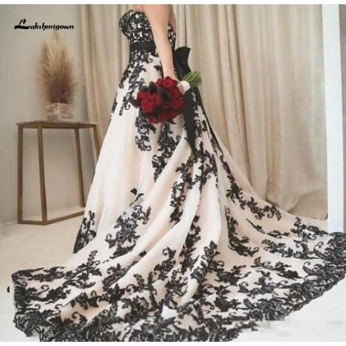 Lakshmigown Gothic Black and White Wedding Dresses Plus Size 2020 Corset Country Vintage Lace Appliques Bridal Wedding Gowns