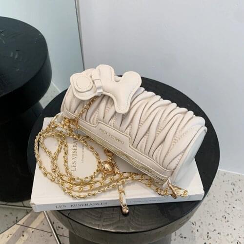 Net celebrity trend fashion round small bag small gold bead chain diagonal bag pu soft leather fold woman bag shoulder bag