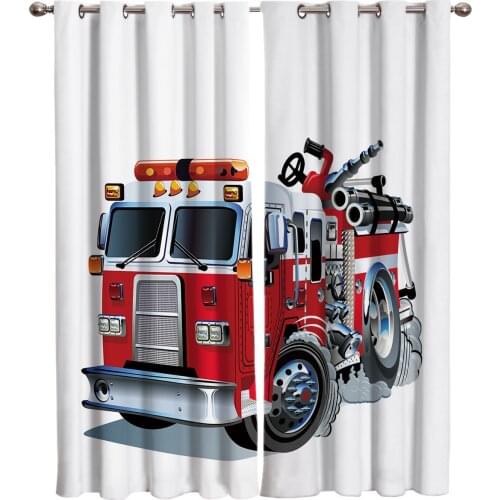 Cartoon Fire Truck White Red Window Curtain for Living Room Kids Room Bedroom Home Decor
