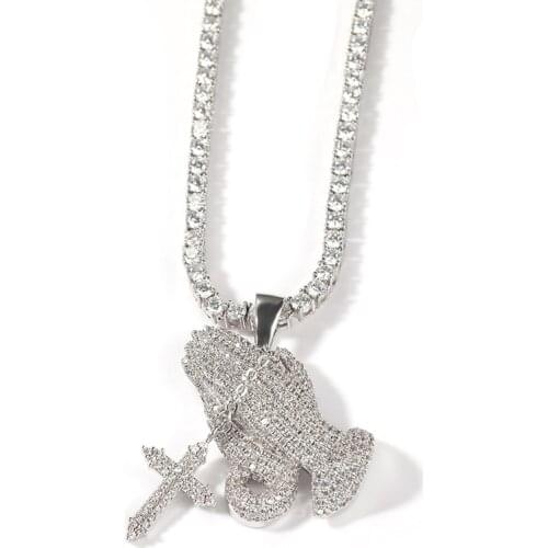 Hip Hop Micro Paved Cubic Zirconia Bling Ice Out Cross Praying Hand Pendants Necklaces for Men Rapper Jewelry Drop Shipping