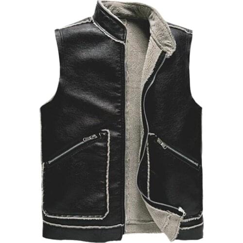 Male Plus Size Winter Coats Mens Thick Faux Leather Fur Sheepskin Vest Waistcoat Female Sleeveless Jacket Plus Velvet Windrproof