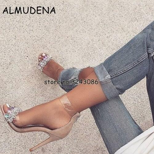 Latest Design Rhinestone PVC Transparent Stiletto Sandals Shoes Crystal Ankle Wrap Lady High Heels Shoes Suede Sexy Dance Shoes