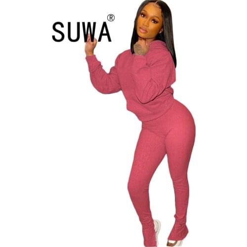 Solid Sportwear Workout Slim Outfit Women Long Sleeve Hooded Pockets Sweatshirt Hoody+split Hem Skinny Legging 2 Piece Tracksuit