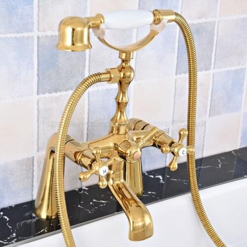 Bathroom Luxury Golden Brass Deck Mounted Shower Faucets Set Bathtub Faucet Water Mixer Tap with Hand Shower ztf785