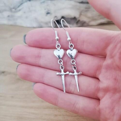 Heart And Dagger Earrings,Choose Earring Clasp, Dagger Jewellery,Silver Plated Earrings