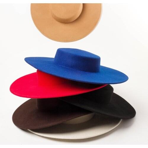 European fashion retro light flat top big brim woolen top hat catwalk stage performance modeling felt big brim hat 6 color