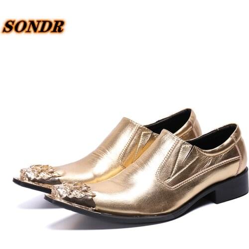 Gold Men Dress Shoes Flat Formal Business Iron Pointed Toe Oxfords Casual Genuine Leather Slip-on Shoes Zapatos De Hombre