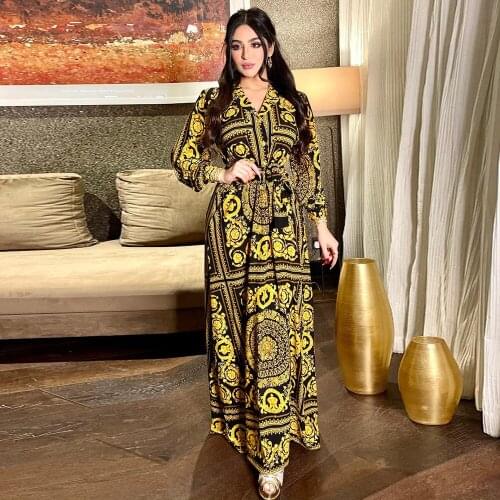 Vintage Ethnic Print Dress Eid Muslim Dubai Turkey Moroccan Kaftan Oman Arabic Clothing Lapel African Dresses for Women Islam