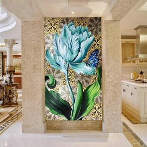 High-end Customized Blue Tulip Flower Crystal Glass Imitation Gold Mosaic Mural Art Wall Decoration for Parlour Entrance Wall