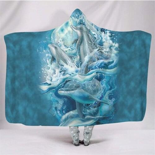 Funny Animal Dolphin Hooded Blanket Adult colorful child Sherpa Fleece Wearable Blanket Microfiber Bedding