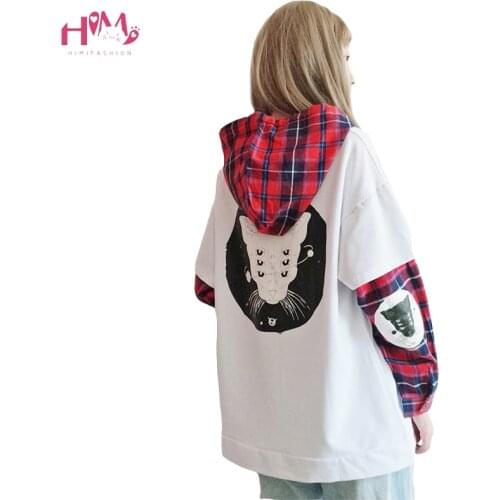 Gothic Cute Streetwear Women Hoodies Harajuku Kpop Kawaii Cat Anime Teen Girl Plaid Sweatshirt Vintage Black Female Pullover