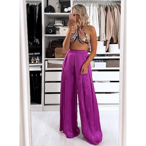 Foridol High Waist Women Pants Purple Wide Leg Long Pants Trousers for Women Casual Summer Autumn Satin Pants Women Clothing