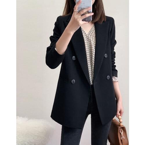 PEONFLY Fashion Women Black Blazer Long Sleeve Pocket Double Breasted Office Ladies Business Coat Female Retro Tops 2020 Autumn