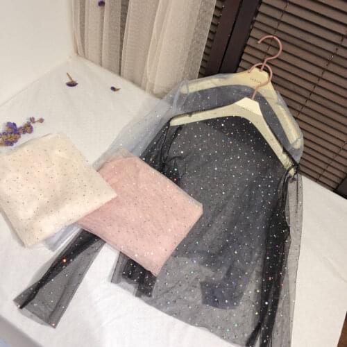 2020 Women O-Neck Pullover Basic Shirt Casual Loose Size High Waist Sequined Star Mesh Gauze Voile Ruffles Lace Blouse Tops